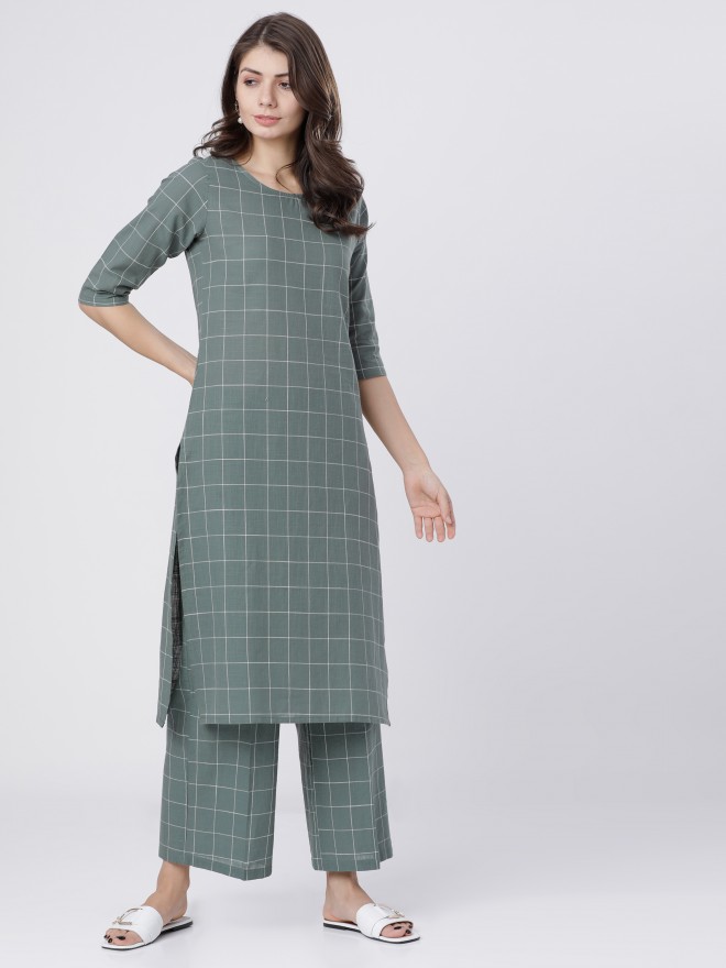 Vishudh Women Green Checked Kurta Sets 